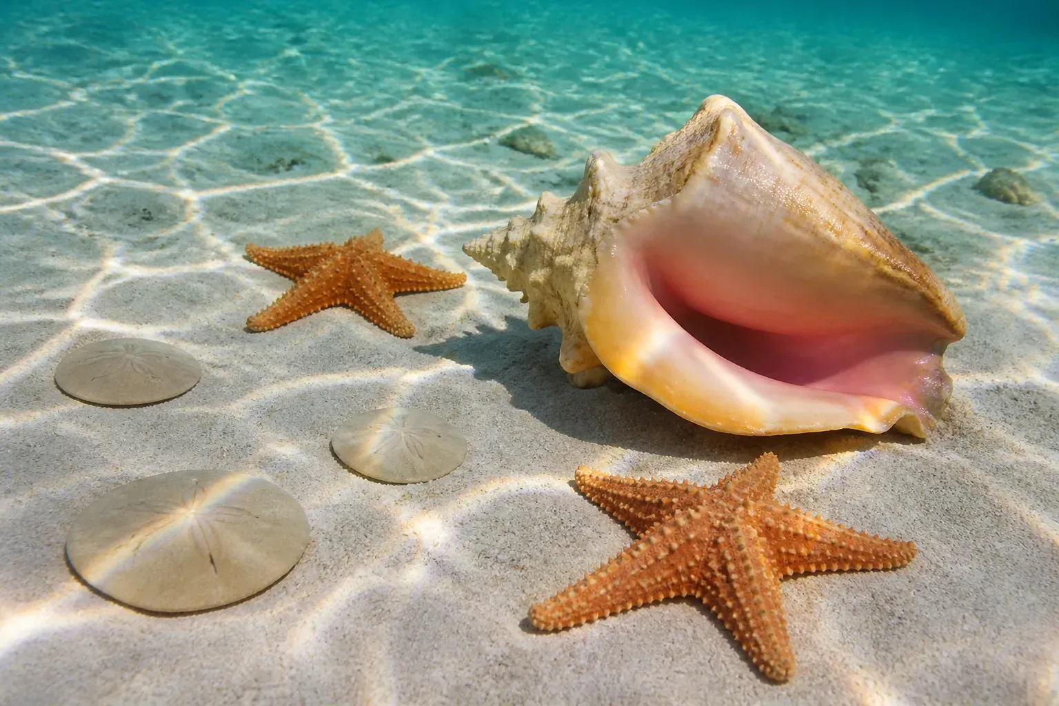 A large conch shell with a pink lip, two starfish and sand dollars on sunlit sand