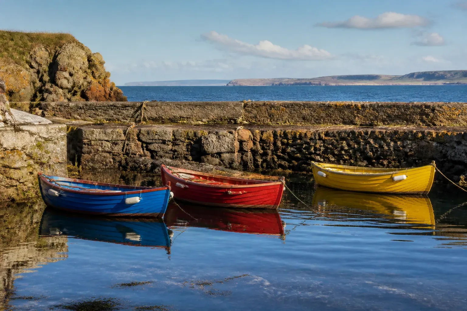 Blue, red and yellow rowing boats moored by a stone harbour wall