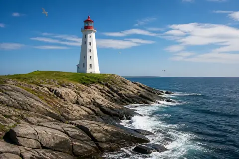 A white lighthouse with a red top on a rocky headland above the sea