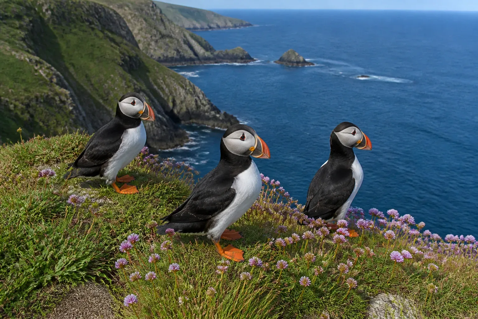 Three puffins with colourful beaks standing on a grassy cliff above the sea