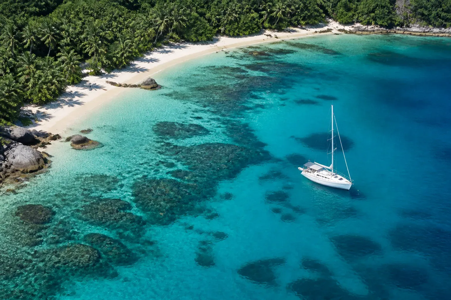Aerial view of a white sailboat anchored in a turquoise bay by a white beach
