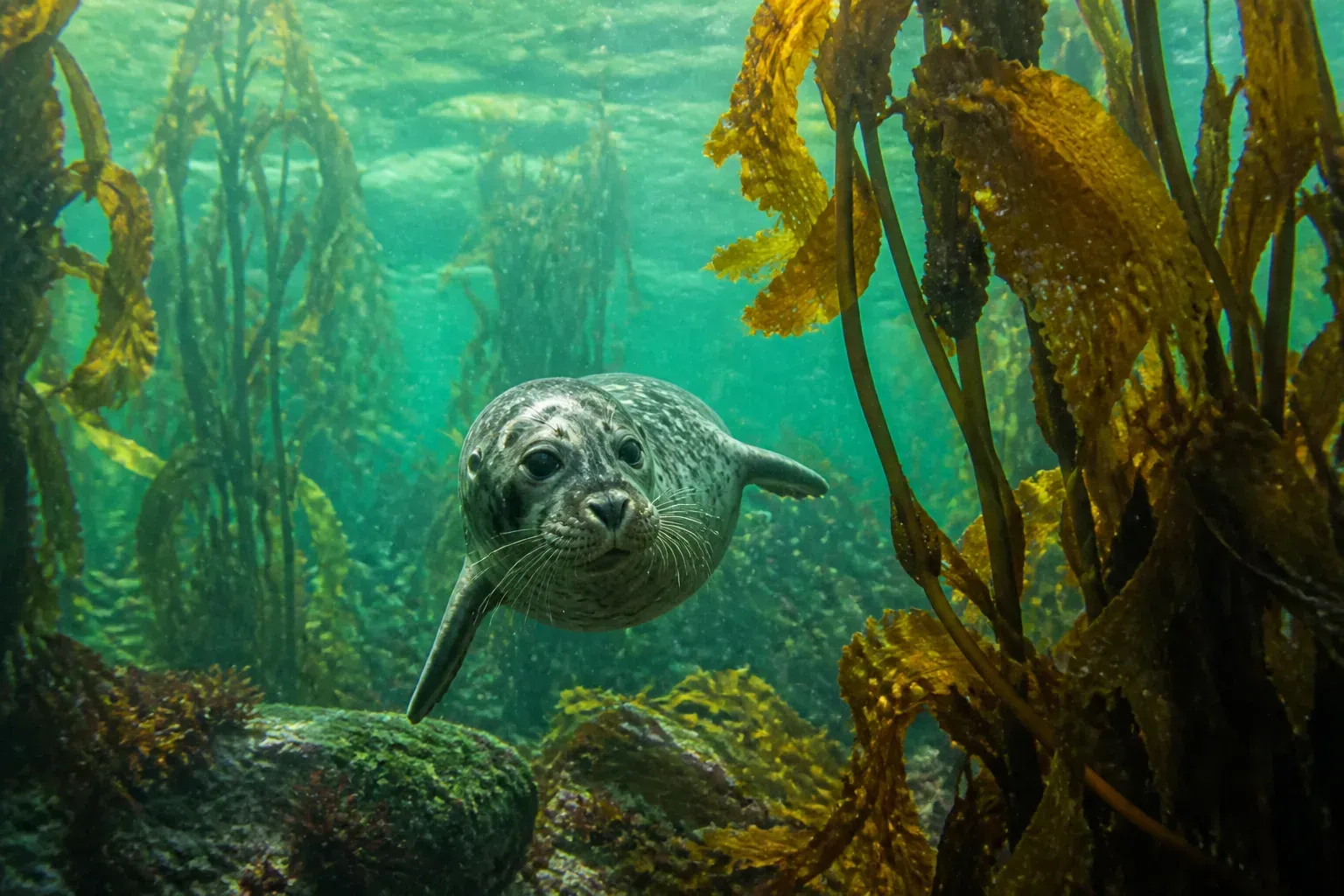 A spotted harbour seal swimming between kelp stalks, looking towards the viewer