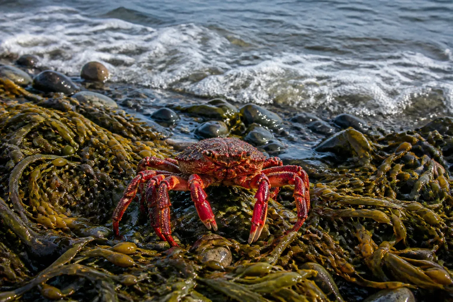 A red crab standing on olive-brown seaweed at the edge of the sea